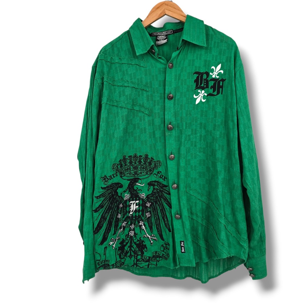 Bare Fox Men's Green Eagle Crown Graphic Long Sleeve Button Up Shirt‎ XL Y2k